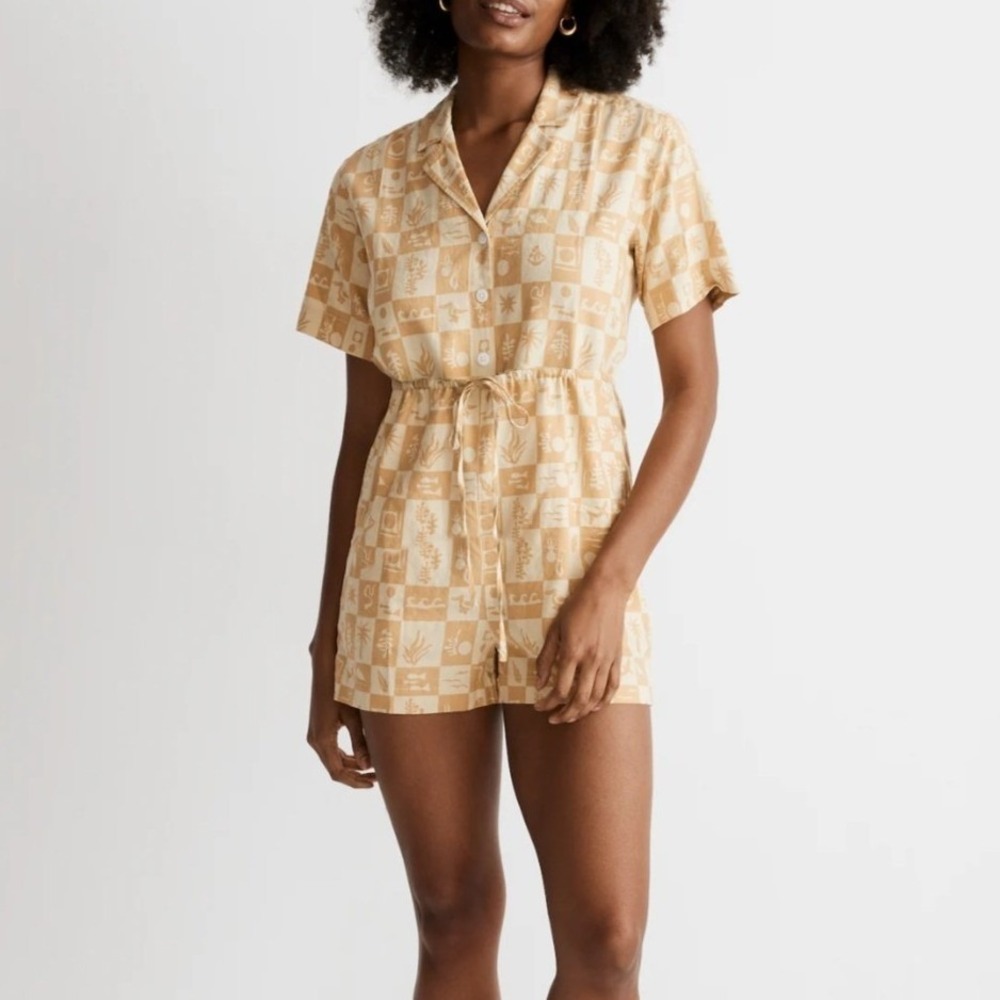 Madewell Women Mustard Yellow Checkered Graphic Print Linen Romper Size M
